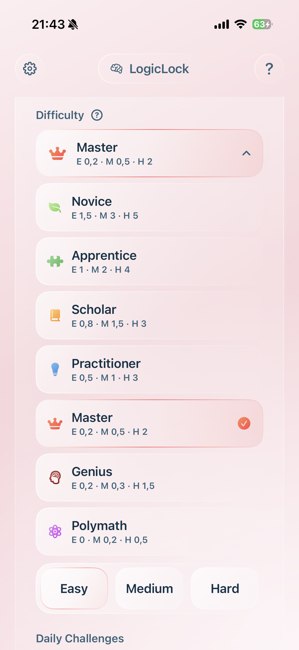 Choose difficulty category