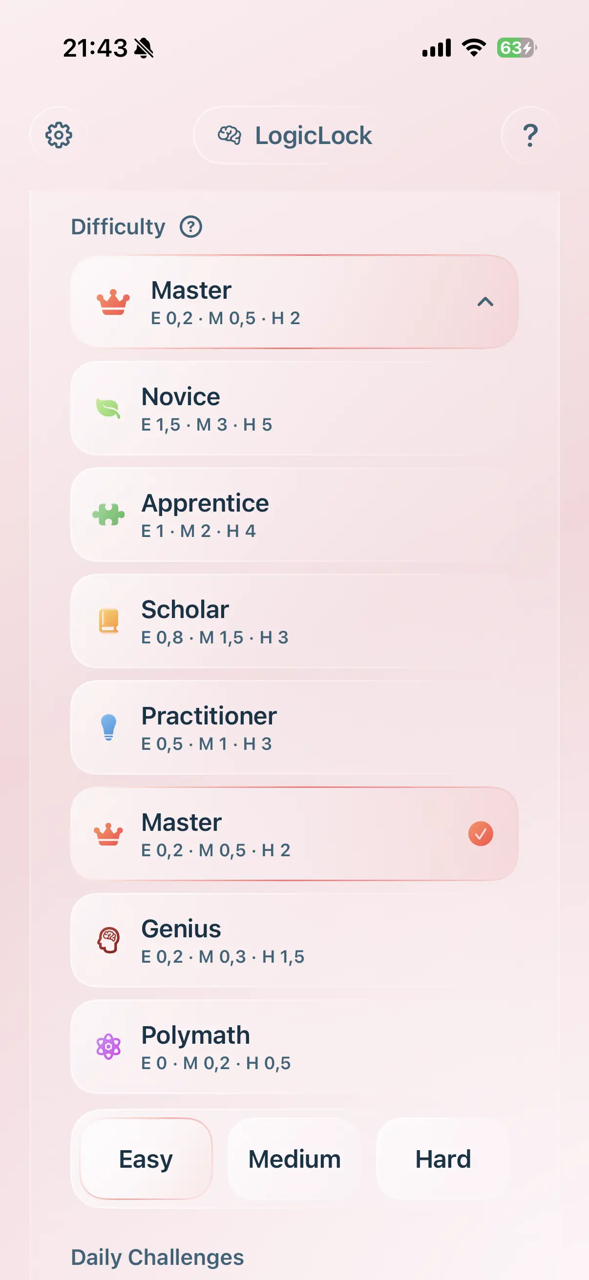 Choose difficulty category